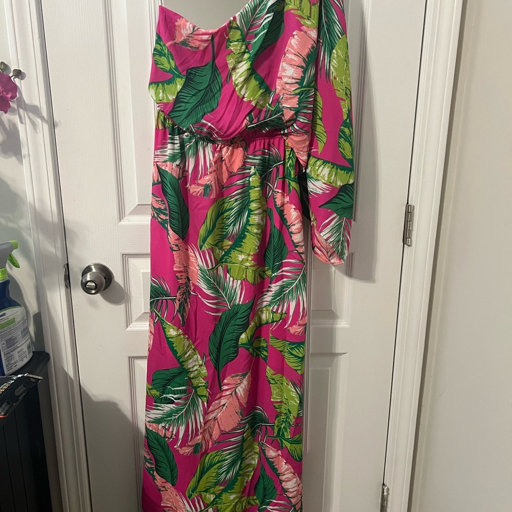 Tropical One Shoulder Dress by Carmela - Pink and Green Size Medium